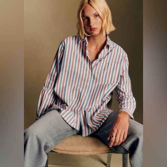 Sézane Max Shirt in Blue Ecru Burgundy Stripes FR 42 / US 10 - Picture 6 of 16